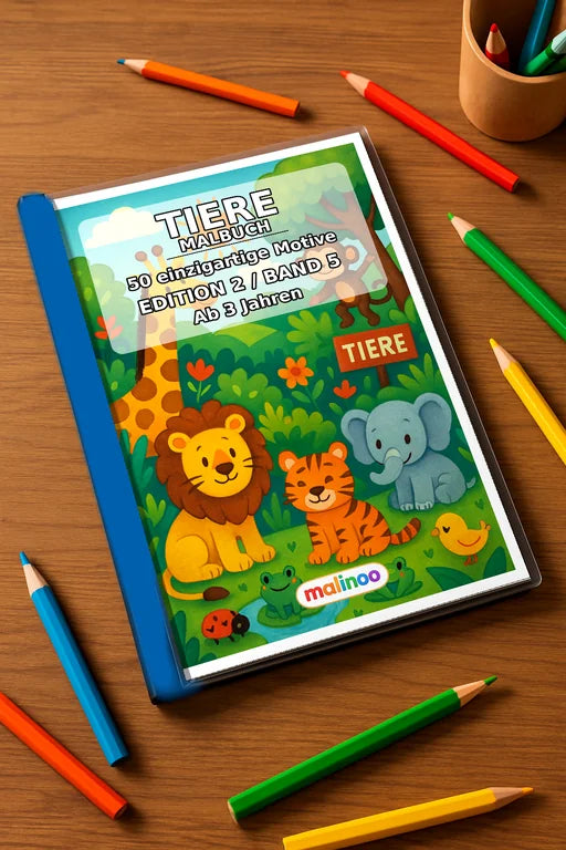 Tiere Malbuch 50 Ausmalbilder gedruckt+gebunden – Mockup-Ansicht