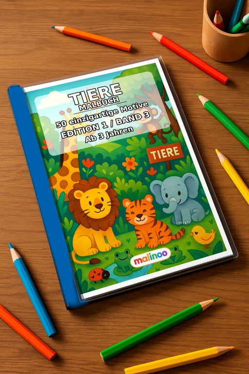 Tiere Malbuch 50 Ausmalbilder gedruckt+gebunden – Mockup-Ansicht