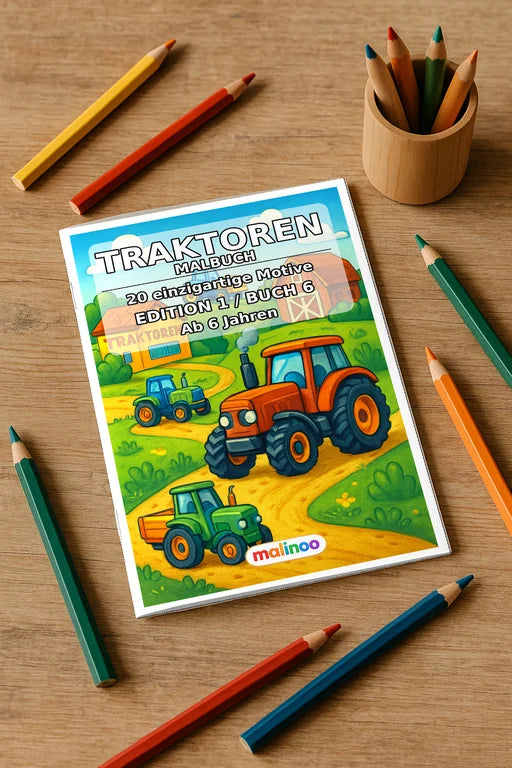 Traktoren Malbuch 20 Ausmalbilder gedruckt+gebunden – Mockup-Ansicht