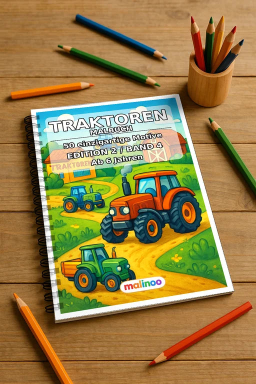 Traktoren Malbuch 50 Ausmalbilder gedruckt und gebunden – Mockup-Ansicht