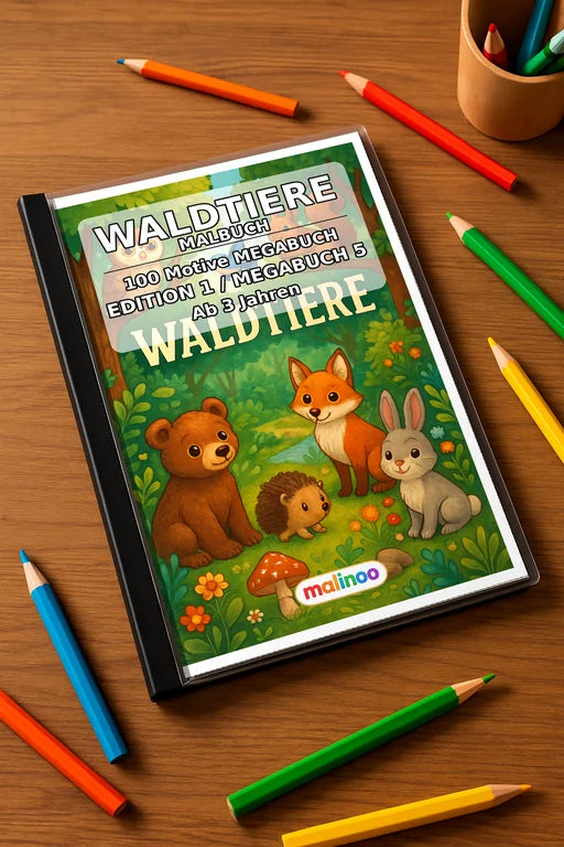 Waldtiere Malbuch 100 Ausmalbilder gedruckt+gebunden – Mockup-Ansicht
