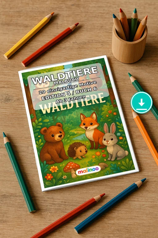 Waldtiere Malbuch 20 Ausmalbilder PDF Download – Mockup-Ansicht