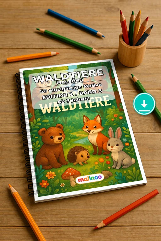 Waldtiere Malbuch 50 Ausmalbilder PDF Download – Mockup-Ansicht