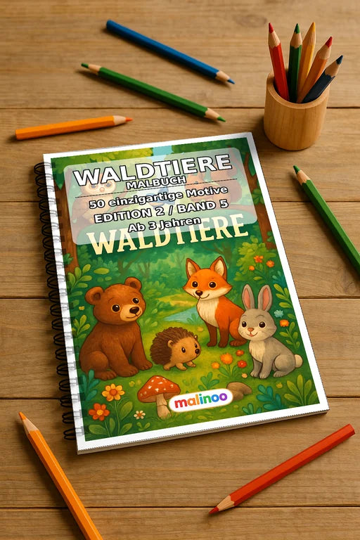 Waldtiere Malbuch 50 Ausmalbilder gedruckt und gebunden – Mockup-Ansicht