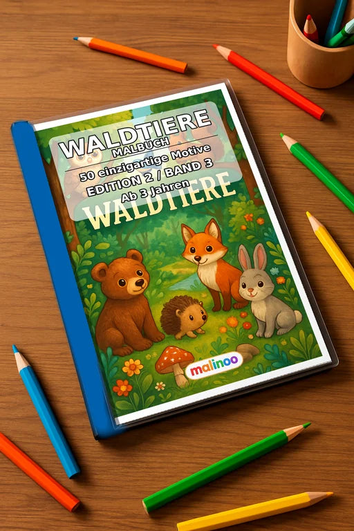 Waldtiere Malbuch 50 Ausmalbilder gedruckt+gebunden – Mockup-Ansicht
