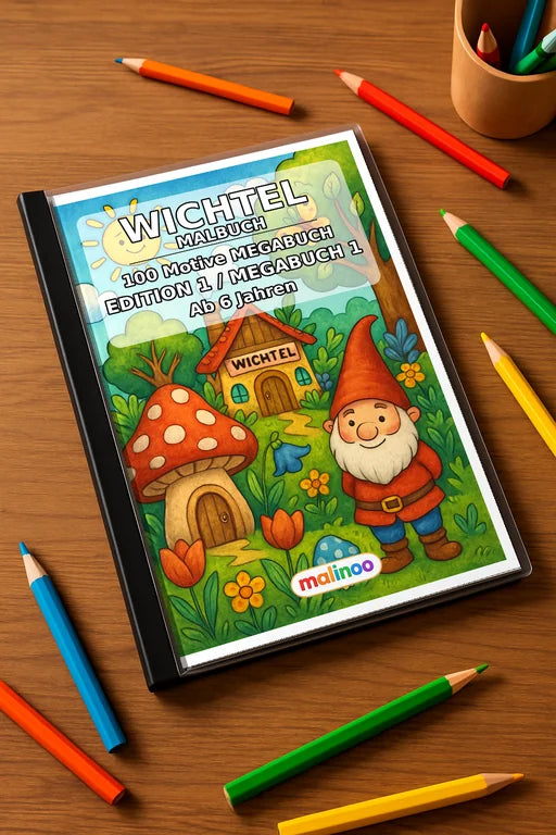 Wichtel Malbuch 100 Ausmalbilder gedruckt+gebunden – Mockup-Ansicht