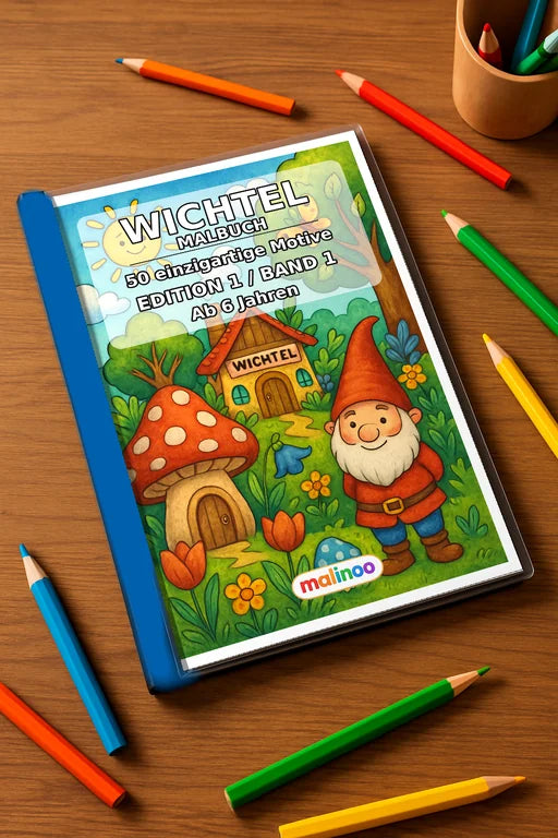 Wichtel Malbuch 50 Ausmalbilder gedruckt+gebunden – Mockup-Ansicht