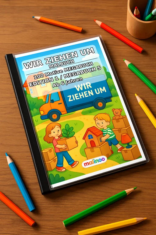 Wir ziehen um Malbuch 100 Ausmalbilder gedruckt+gebunden – Mockup-Ansicht