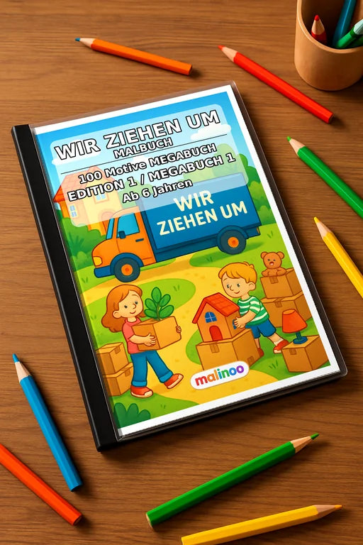 Wir ziehen um Malbuch 100 Ausmalbilder gedruckt+gebunden – Mockup-Ansicht