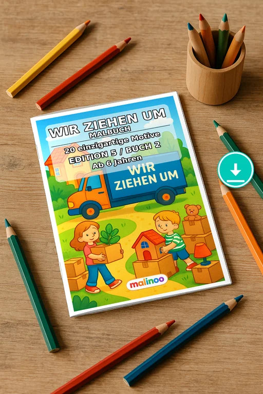 Wir ziehen um Malbuch 20 Ausmalbilder PDF Download – Mockup-Ansicht