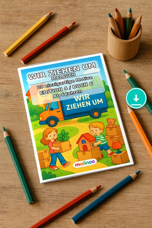 Wir ziehen um Malbuch 20 Ausmalbilder PDF Download – Mockup-Ansicht