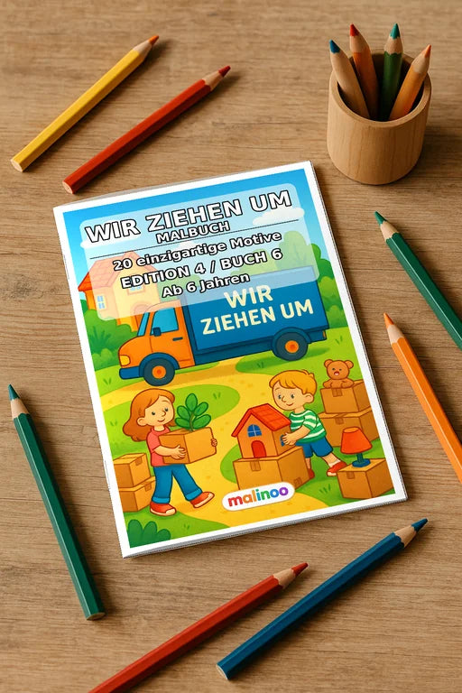 Wir ziehen um Malbuch 20 Ausmalbilder gedruckt+gebunden – Mockup-Ansicht