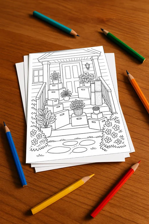Wir ziehen um Malbuch 20 Ausmalbilder gedruckt+lose – Mockup-Ansicht