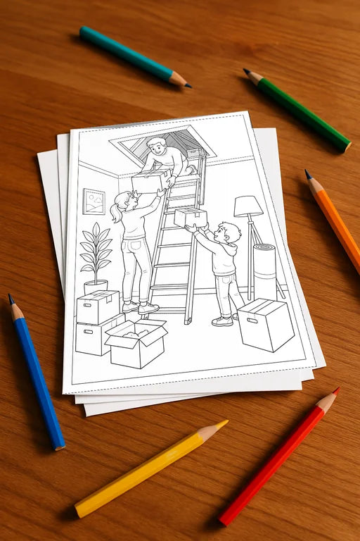 Wir ziehen um Malbuch 20 Ausmalbilder gedruckt+lose – Mockup-Ansicht