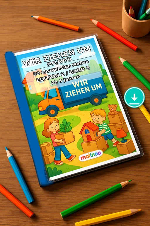 Wir ziehen um Malbuch 50 Ausmalbilder PDF Download – Mockup-Ansicht