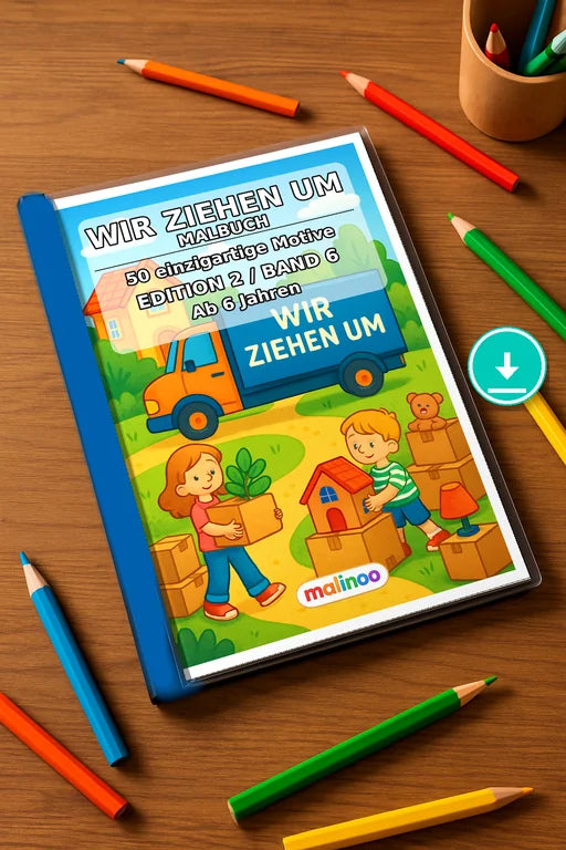 Wir ziehen um Malbuch 50 Ausmalbilder PDF Download – Mockup-Ansicht