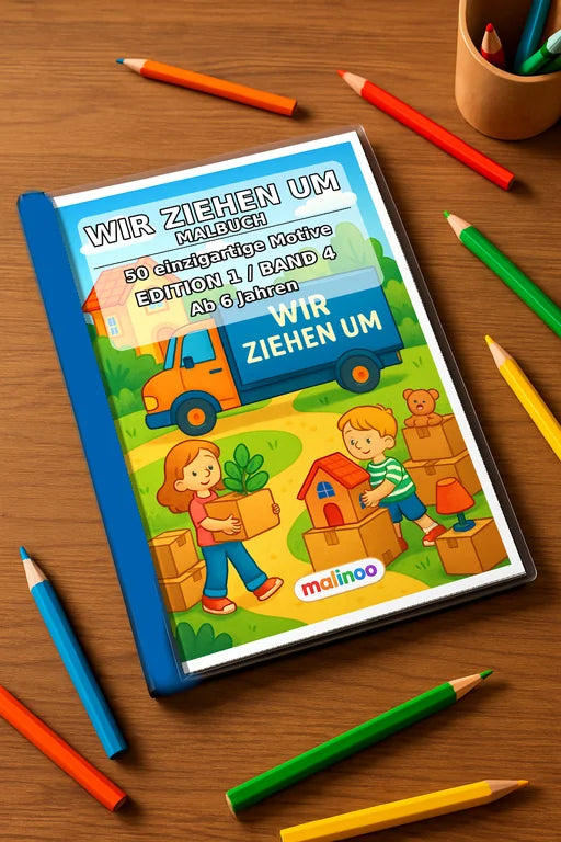Wir ziehen um Malbuch 50 Ausmalbilder gedruckt+gebunden – Mockup-Ansicht