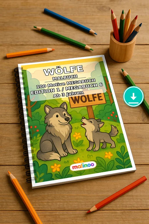 Wölfe Malbuch 100 Ausmalbilder PDF Download – Mockup-Ansicht