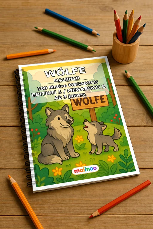 Wölfe Malbuch 100 Ausmalbilder gedruckt und gebunden – Mockup-Ansicht