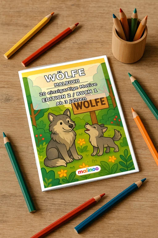Wölfe Malbuch 20 Ausmalbilder gedruckt+gebunden – Mockup-Ansicht