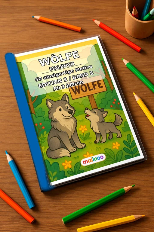 Wölfe Malbuch 50 Ausmalbilder gedruckt+gebunden – Mockup-Ansicht