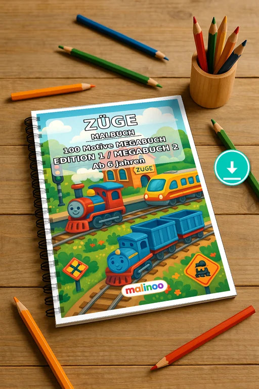 Züge Malbuch 100 Ausmalbilder PDF Download – Mockup-Ansicht