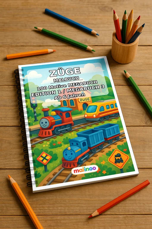 Züge Malbuch 100 Ausmalbilder gedruckt und gebunden – Mockup-Ansicht