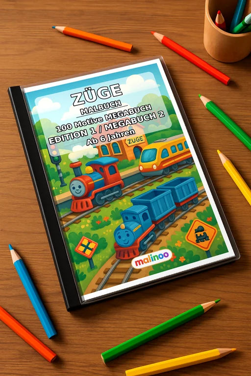 Züge Malbuch 100 Ausmalbilder gedruckt+gebunden – Mockup-Ansicht