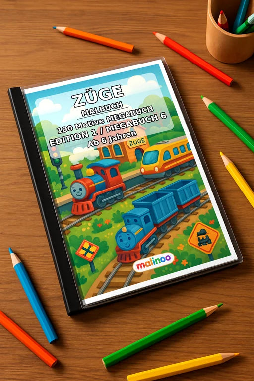 Züge Malbuch 100 Ausmalbilder gedruckt+gebunden – Mockup-Ansicht