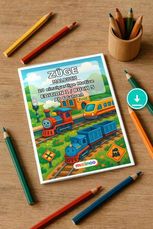 Züge Malbuch 20 Ausmalbilder PDF Download – Mockup-Ansicht