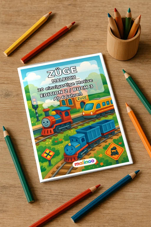 Züge Malbuch 20 Ausmalbilder gedruckt+gebunden – Mockup-Ansicht