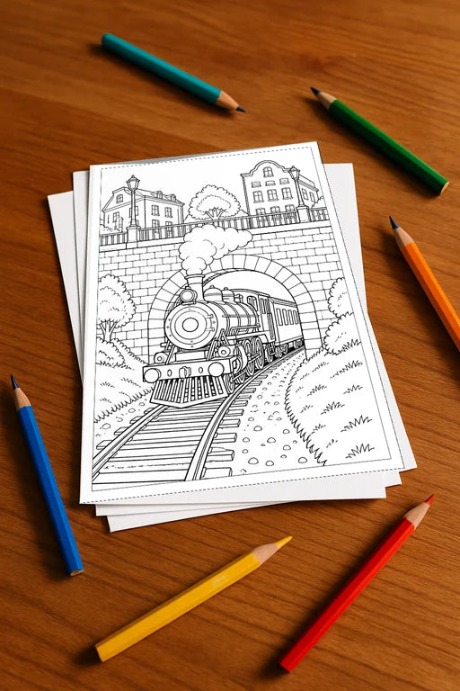 Züge Malbuch 20 Ausmalbilder gedruckt+lose – Mockup-Ansicht