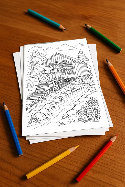 Züge Malbuch 20 Ausmalbilder gedruckt+lose – Mockup-Ansicht
