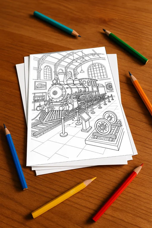 Züge Malbuch 20 Ausmalbilder gedruckt, ungebunden – Mockup-Ansicht