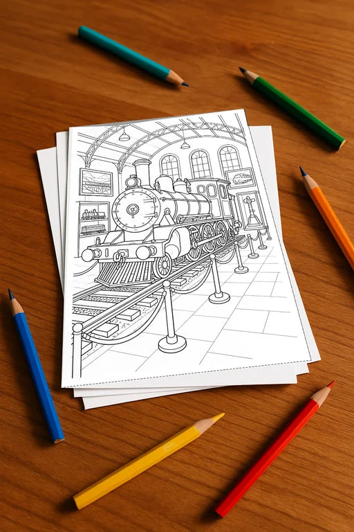 Züge Malbuch 20 Ausmalbilder gedruckt, ungebunden – Mockup-Ansicht