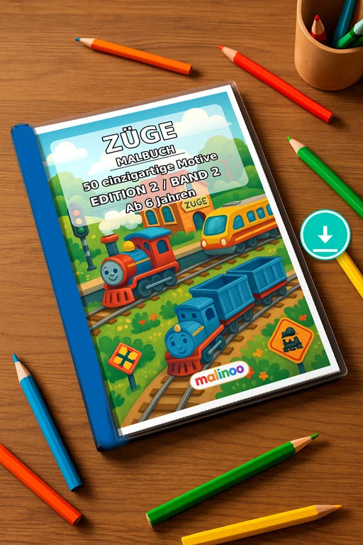 Züge Malbuch 50 Ausmalbilder PDF Download – Mockup-Ansicht