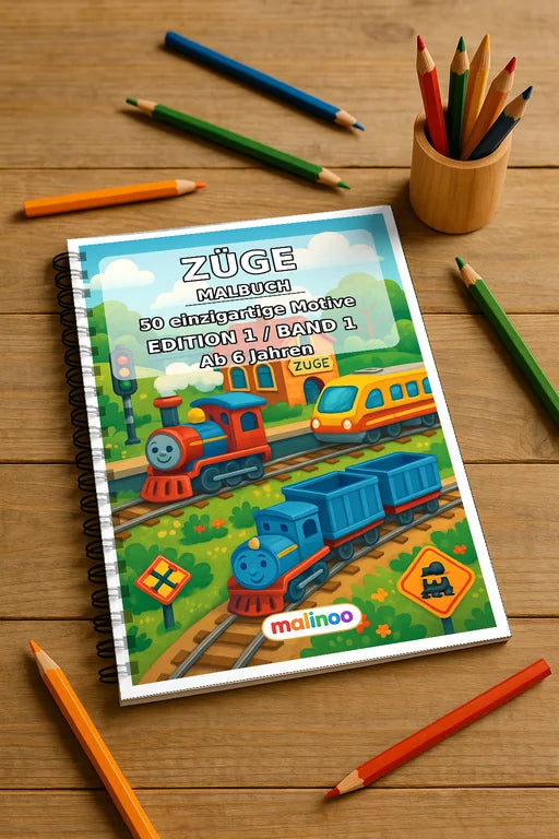 Züge Malbuch 50 Ausmalbilder gedruckt und gebunden – Mockup-Ansicht
