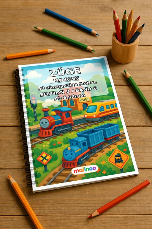 Züge Malbuch 50 Ausmalbilder gedruckt und gebunden – Mockup-Ansicht