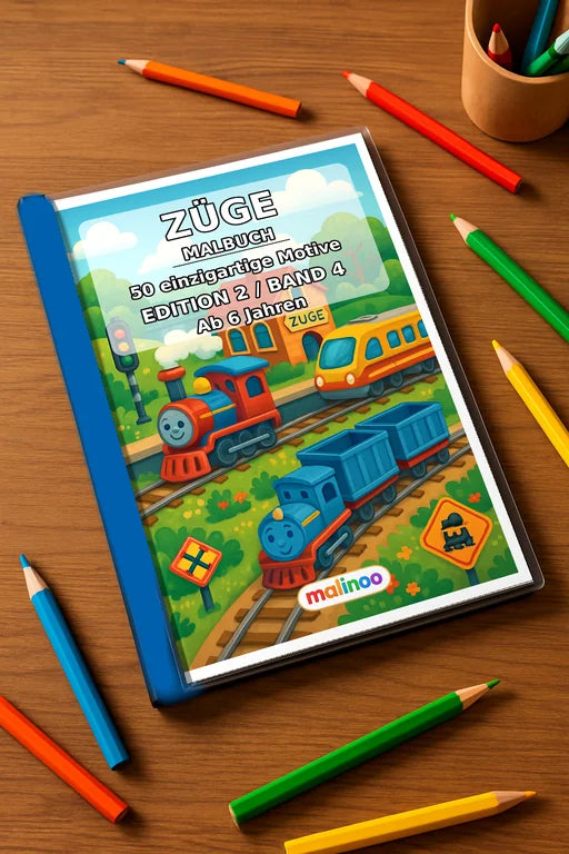 Züge Malbuch 50 Ausmalbilder gedruckt+gebunden – Mockup-Ansicht