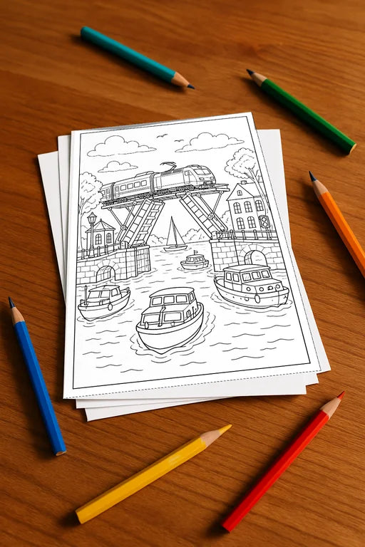 Züge Malbuch 50 Ausmalbilder gedruckt, ungebunden – Mockup-Ansicht