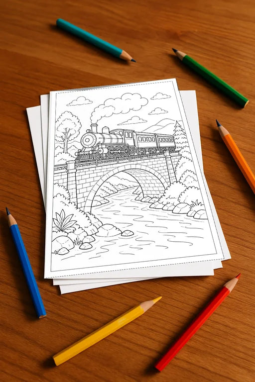 Züge Malbuch 50 Ausmalbilder gedruckt+lose – Mockup-Ansicht